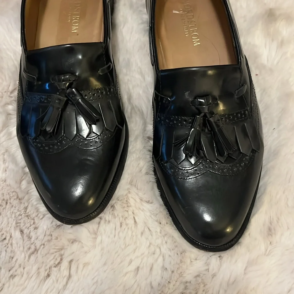 Nordstrom Italy Men’s Black Leather Slip On Wingtip Kiltie Tassel Oxford Loafers